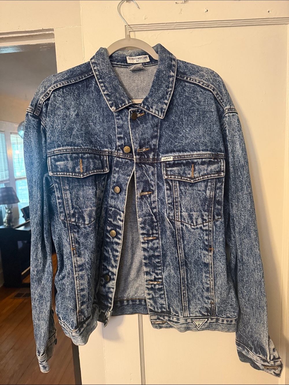 Vintage Guess Men's Blue Acid Wash Denim Jacket